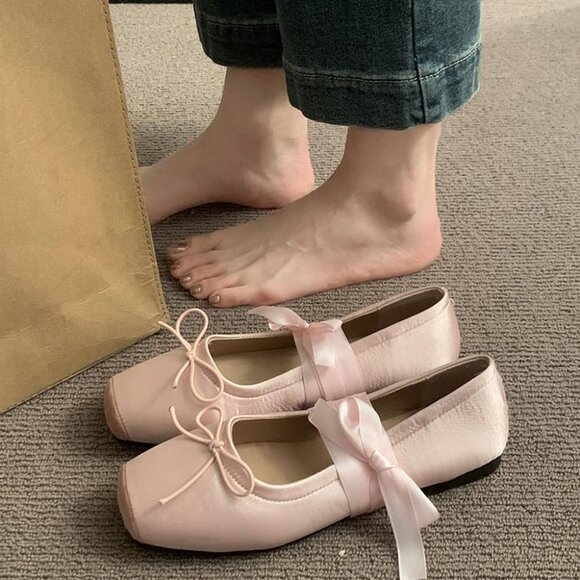 Women Pink Canvas Lace Up Ankle Strap Floral Dressy Ballet Flats Shoes - Picture 4 of 5